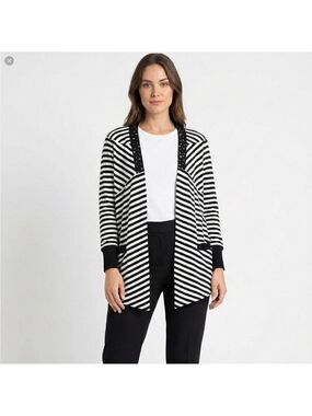CITY GIRL x Nancy Bolen Stripe Cotton Jersey Knit Embellished Open Front Cardi